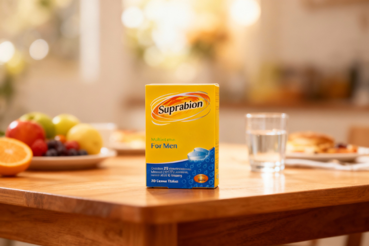 مولتی ویتامین آقایان سوپرابیون کنار صبحانه سالم روی میز چوبی